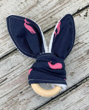 Load image into Gallery viewer, Baby Teether Rattle / Wood Teether Ring Whales / Baby Teething Ring / Bunny Ears Teether / Baby Rattle Toy / Baby Gift
