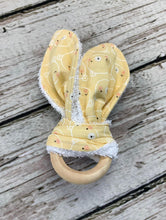 Load image into Gallery viewer, Baby Teether Rattle Neutral / Wood Teether Ring / Baby Teething Ring / Bunny Ears Teether / Baby Rattle Toy / Baby Gift
