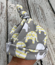 Load image into Gallery viewer, Newborn Baby Top Knot Hat / Stretchy Baby Hat / Newborn Photo Hat / Elephant Baby Hat / Neutral Baby Hat
