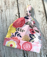 Load image into Gallery viewer, Newborn Baby Girl Top Knot Hat / Floral Baby Hat / Stretchy Baby Hat / Newborn Photo Hat / Baby Girl Hat

