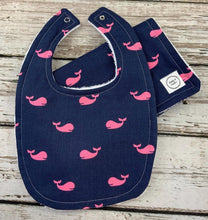 Load image into Gallery viewer, Baby Girl Bib Burp Cloth Set / Baby Girl Bib Whales / Baby Girl Burp Cloth Whales / Baby Shower Gift Girl / navy blue pink

