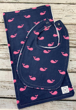 Load image into Gallery viewer, Baby Girl Bib Burp Cloth Set / Baby Girl Bib Whales / Baby Girl Burp Cloth Whales / Baby Shower Gift Girl / navy blue pink
