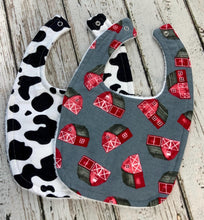 Load image into Gallery viewer, Baby Boy Bib Set of 2 / Baby Shower Gift Set Boy / Cow Print / Farm animals nursery / Farm Friends Collection
