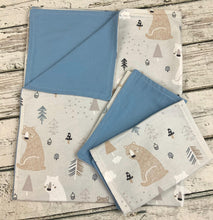 Load image into Gallery viewer, Baby Boy Receiving Blanket Burp Cloth Bib Woodland Animals Bears / Baby Boy Shower Gift Set
