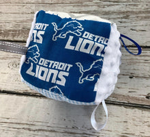 Load image into Gallery viewer, Baby Boy Fabric Sensory Block Detroit Lions / baby shower gift / Baby Toy / Rattle / Crinkle Toy
