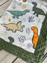 Load image into Gallery viewer, Baby Boy Minky Blanket Dinosaurs / Dinosaur Baby Blanket / Sage Green Baby Blanket / Baby Shower Gift
