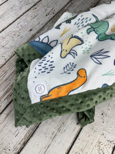 Load image into Gallery viewer, Baby Boy Minky Blanket Dinosaurs / Dinosaur Baby Blanket / Sage Green Baby Blanket / Baby Shower Gift

