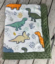 Load image into Gallery viewer, Baby Boy Minky Blanket Dinosaurs / Dinosaur Baby Blanket / Sage Green Baby Blanket / Baby Shower Gift
