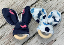 Load image into Gallery viewer, Baby Teether Rattle / Wood Teether Ring Whales / Baby Teething Ring / Bunny Ears Teether / Baby Rattle Toy / Baby Gift
