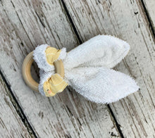 Load image into Gallery viewer, Baby Teether Rattle Neutral / Wood Teether Ring / Baby Teething Ring / Bunny Ears Teether / Baby Rattle Toy / Baby Gift
