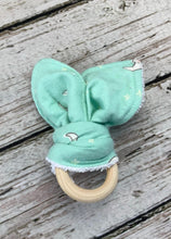 Load image into Gallery viewer, Baby Teether Rattle Neutral / Wood Teether Ring / Baby Teething Ring / Bunny Ears Teether / Baby Rattle Toy / Baby Gift
