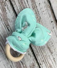 Load image into Gallery viewer, Baby Teether Rattle Neutral / Wood Teether Ring / Baby Teething Ring / Bunny Ears Teether / Baby Rattle Toy / Baby Gift
