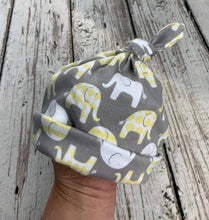 Load image into Gallery viewer, Newborn Baby Top Knot Hat / Stretchy Baby Hat / Newborn Photo Hat / Elephant Baby Hat / Neutral Baby Hat
