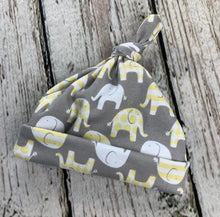 Load image into Gallery viewer, Newborn Baby Top Knot Hat / Stretchy Baby Hat / Newborn Photo Hat / Elephant Baby Hat / Neutral Baby Hat
