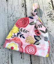 Load image into Gallery viewer, Newborn Baby Girl Top Knot Hat / Floral Baby Hat / Stretchy Baby Hat / Newborn Photo Hat / Baby Girl Hat
