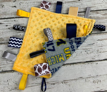 Load image into Gallery viewer, University of Michigan Baby Boy Minky Tag Blanket / U of M / Baby Boy Shower Gift / Lovey / Baby Toy / Snuggle Blanket / sensory blanket
