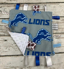 Load image into Gallery viewer, Detroit Lions Baby Boy Minky Tag Blanket / Baby Boy Shower Gift / Lovey / Baby Toy / Snuggle Blanket / sensory blanket
