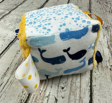 Load image into Gallery viewer, Fabric Sensory Baby Block / Whale Baby Block / Baby Toy / Rattle / Crinkle Toy
