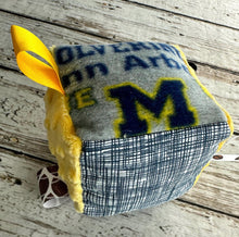 Load image into Gallery viewer, Baby Boy Fabric Sensory Block U of M / University of Michigan baby / Wolverines baby / baby shower gift / Baby Toy / Rattle / Crinkle Toy
