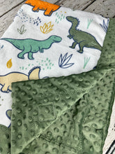 Load image into Gallery viewer, Baby Boy Minky Blanket Dinosaurs / Dinosaur Baby Blanket / Sage Green Baby Blanket / Baby Shower Gift
