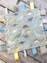 Load image into Gallery viewer, Baby boy minky tag blanket - lovey - baby boy shower gift - dinosaurs - sensory blanket- snuggle blanket
