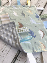 Load image into Gallery viewer, Baby boy minky tag blanket - lovey - baby boy shower gift - dinosaurs - sensory blanket- snuggle blanket
