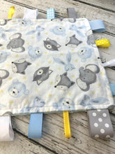Load image into Gallery viewer, Baby Boy Tag Blanket Woodland Animals / Blue Gray Tag Blanket / Baby Shower Gift / Sensory Blanket
