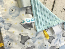 Load image into Gallery viewer, Baby Boy Tag Blanket Woodland Animals / Blue Gray Tag Blanket / Baby Shower Gift / Sensory Blanket
