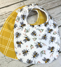 Load image into Gallery viewer, Baby Shower Gift Bib Set / Set of 2 Bibs / Baby Girl Bib Set / White Bumble Bee Golden Plaid
