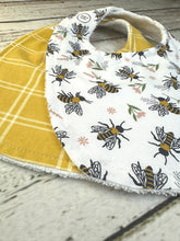Load image into Gallery viewer, Baby Shower Gift Bib Set / Set of 2 Bibs / Baby Girl Bib Set / White Bumble Bee Golden Plaid
