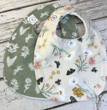 Load image into Gallery viewer, Baby Shower Gift Bib Set / Set of 2 Bibs / Baby Girl Bib Set / Butterfly Bee Sage Floral
