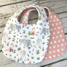 Load image into Gallery viewer, Baby Shower Gift Bib Set / Set of 2 Bibs / Baby Girl Bib Set / Coral Dot Woodland Animals / Nature Vibes Collection
