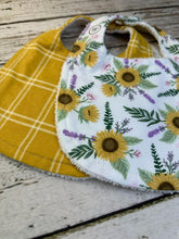 Load image into Gallery viewer, Baby Shower Gift Bib Set / Set of 2 Bibs / Baby Girl Bib Set / Sunflower Floral Plaid
