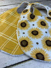 Load image into Gallery viewer, Baby Shower Gift Bib Set / Set of 2 Bibs / Baby Girl Bib Set / Sunflower Plaid
