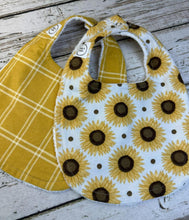 Load image into Gallery viewer, Baby Shower Gift Bib Set / Set of 2 Bibs / Baby Girl Bib Set / Sunflower Plaid

