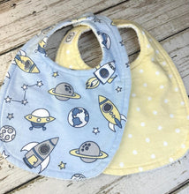 Load image into Gallery viewer, Baby Shower Gift Bib Set / Set of 2 Bibs / Baby Boy Gift / Space Rocket Bibs
