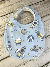 Load image into Gallery viewer, Baby Shower Gift Bib Set / Set of 2 Bibs / Baby Boy Gift / Space Rocket Bibs
