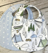 Load image into Gallery viewer, Baby Shower Gift Bib Set / Set of 2 Bibs / Baby Boy Gift / Camping Blue Dot Bib
