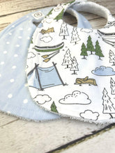 Load image into Gallery viewer, Baby Shower Gift Bib Set / Set of 2 Bibs / Baby Boy Gift / Camping Blue Dot Bib
