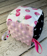 Load image into Gallery viewer, Unique Baby Gift / Fabric Sensory Baby Block / Pink Black Strawberries / Baby Toy / Rattle / Crinkle Toy
