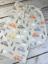 Load image into Gallery viewer, Baby Shower Gift Set / Burp Cloth Bib Set / Baby Boy Gift / Cars Trees
