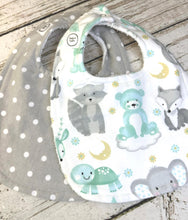 Load image into Gallery viewer, Baby Shower Gift Bib Set / Set of 2 Bibs / Neutral Bib Set / Mint Green Animals
