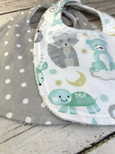 Load image into Gallery viewer, Baby Shower Gift Bib Set / Set of 2 Bibs / Neutral Bib Set / Mint Green Animals

