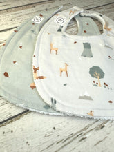 Load image into Gallery viewer, Baby Shower Gift Bib Set / Set of 2 Bibs / Baby Boy Gift / Mushrooms / Woodland Animals
