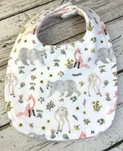 Load image into Gallery viewer, Baby Shower Gift Bib Set / Set of 2 Bibs / Baby Girl Bib Set / Coral Dot Woodland Animals / Nature Vibes Collection

