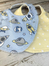Load image into Gallery viewer, Baby Shower Gift Bib Set / Set of 2 Bibs / Baby Boy Gift / Space Rocket Bibs
