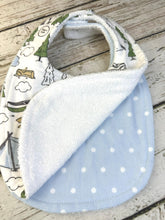 Load image into Gallery viewer, Baby Shower Gift Bib Set / Set of 2 Bibs / Baby Boy Gift / Camping Blue Dot Bib
