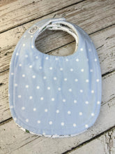 Load image into Gallery viewer, Baby Shower Gift Bib Set / Set of 2 Bibs / Baby Boy Gift / Camping Blue Dot Bib
