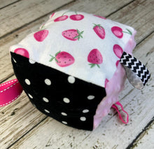 Load image into Gallery viewer, Unique Baby Gift / Fabric Sensory Baby Block / Pink Black Strawberries / Baby Toy / Rattle / Crinkle Toy
