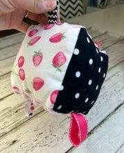 Load image into Gallery viewer, Unique Baby Gift / Fabric Sensory Baby Block / Pink Black Strawberries / Baby Toy / Rattle / Crinkle Toy
